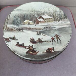 Vintage Maurice Lenell Winter Skating Sledding Cookie Tin Red Country Farmhouse